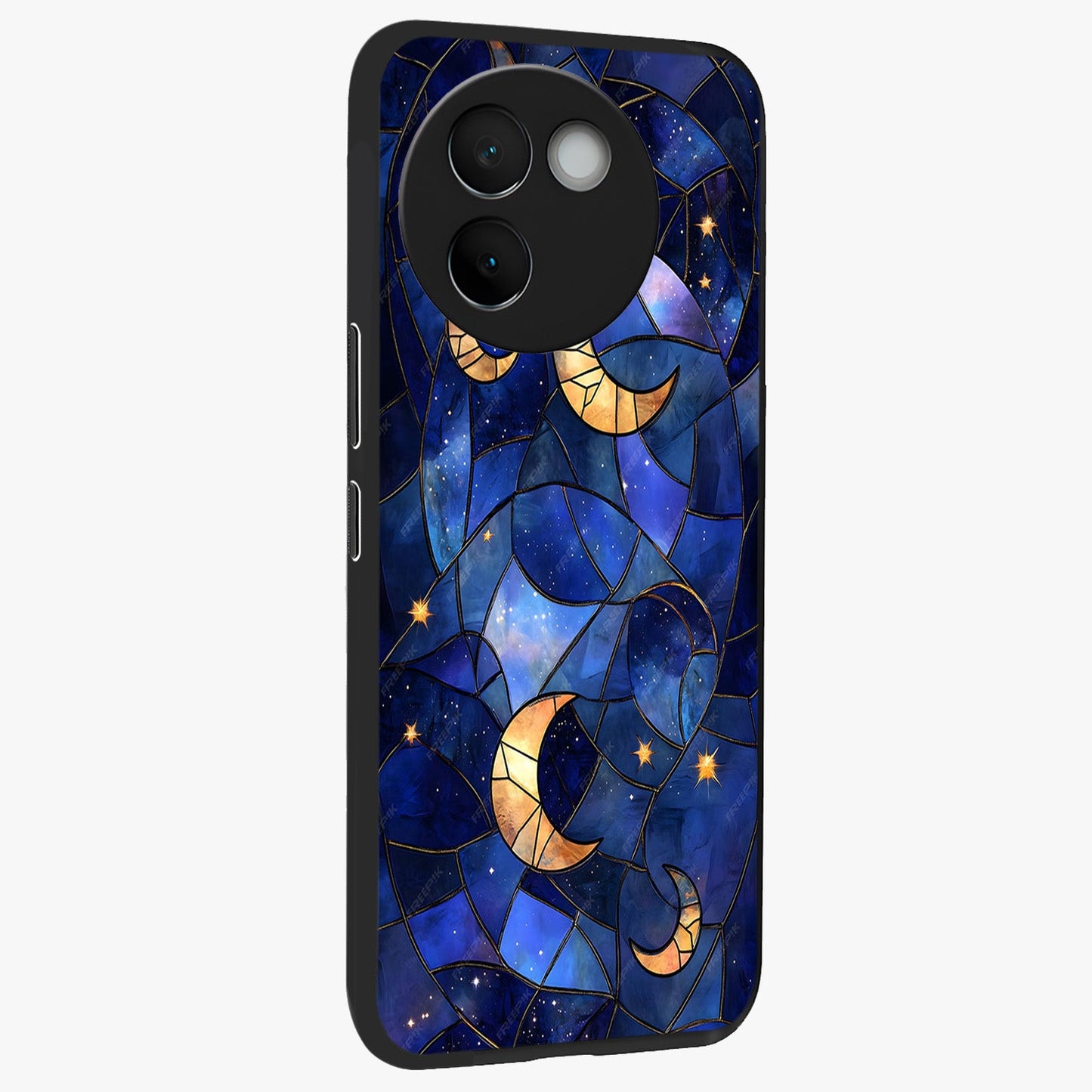Starlit Sky Tapestry Glass Case upright view showcasing elegant starry sky artwork with cosmic decorative theme.