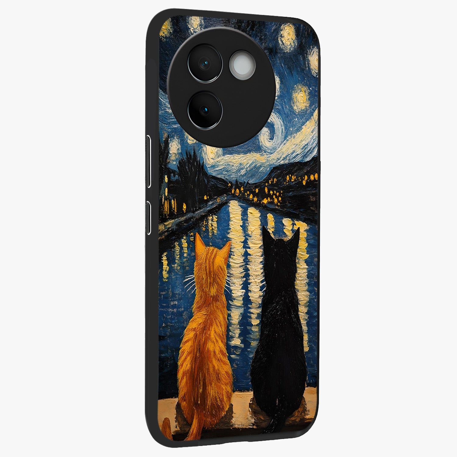 Starry River Cats Glass Case upright view showcasing adorable cat artwork with magical river and stars theme.