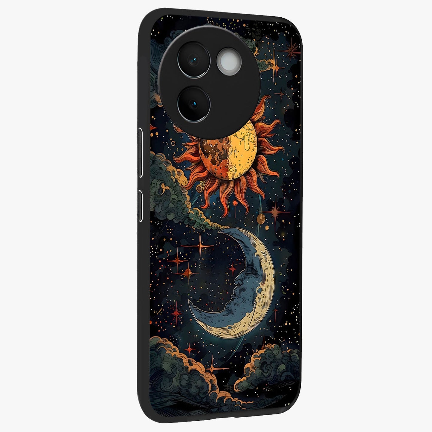 Sun And Moon Magic Design Glass Case upright view showcasing decorative sun and moon artwork with spiritual celestial theme.