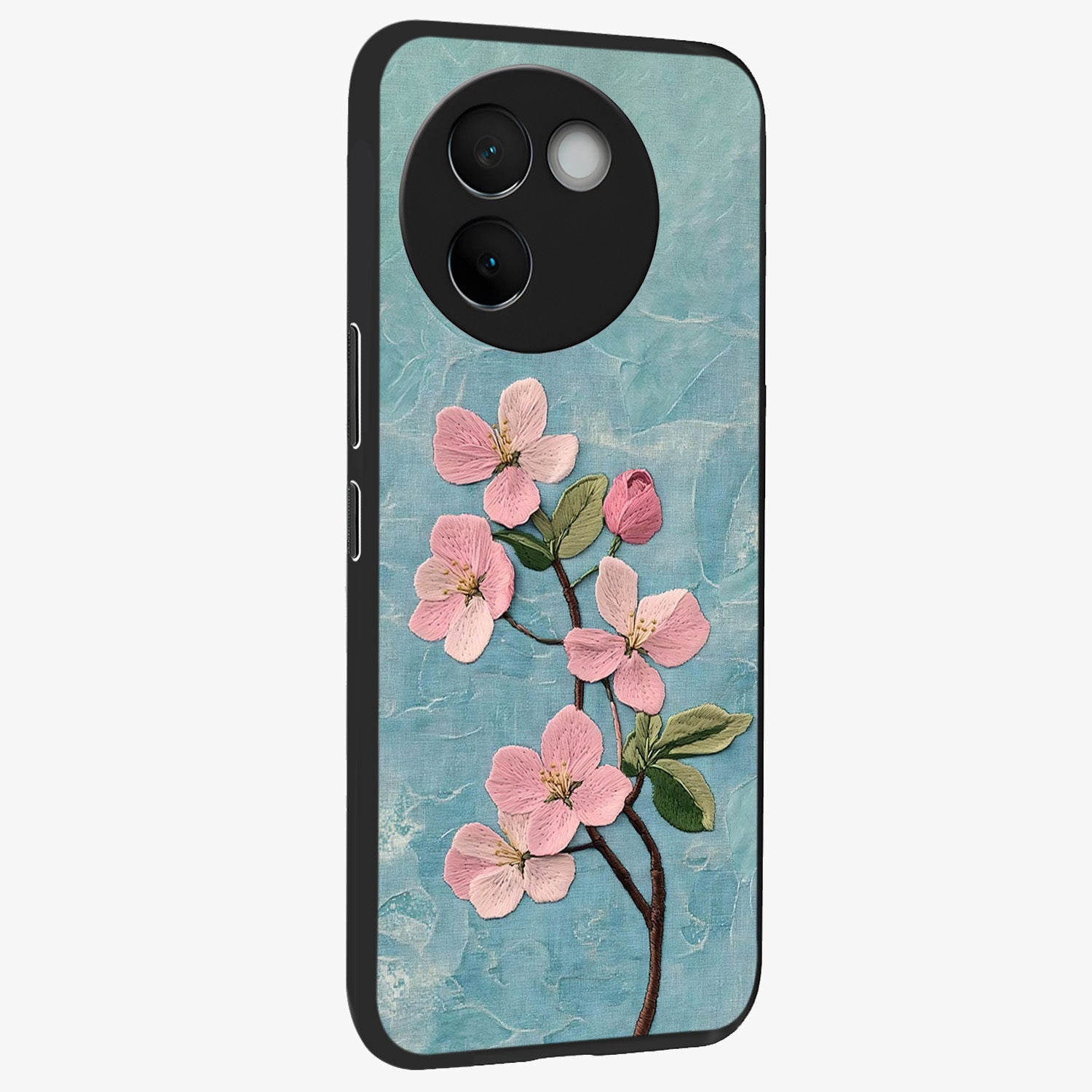 Threaded Blossom Breeze Glass Case upright view showcasing graceful flower artwork with calm botanical theme.