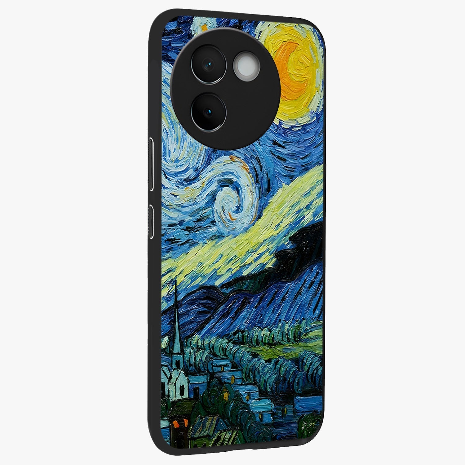 Van Gogh Art Glass Case upright view showcasing expressive painting style artwork with timeless artistic theme.
