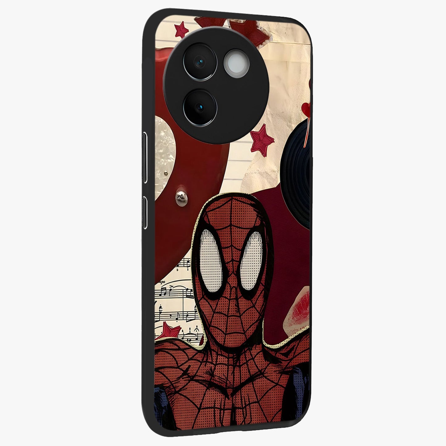 Web Warrior Vibes Glass Case upright view showcasing energetic superhero artwork with bold action theme.