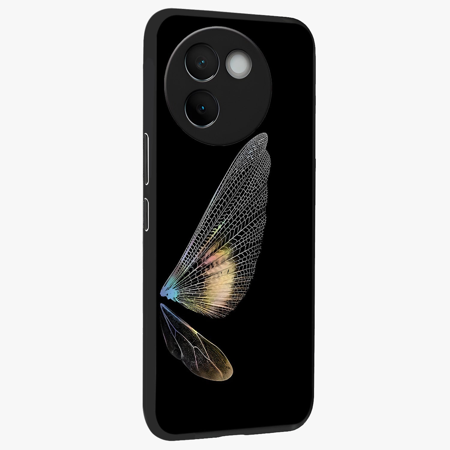 Whispers Of Wings Glass Case upright view showcasing elegant wing artwork with light airy theme.