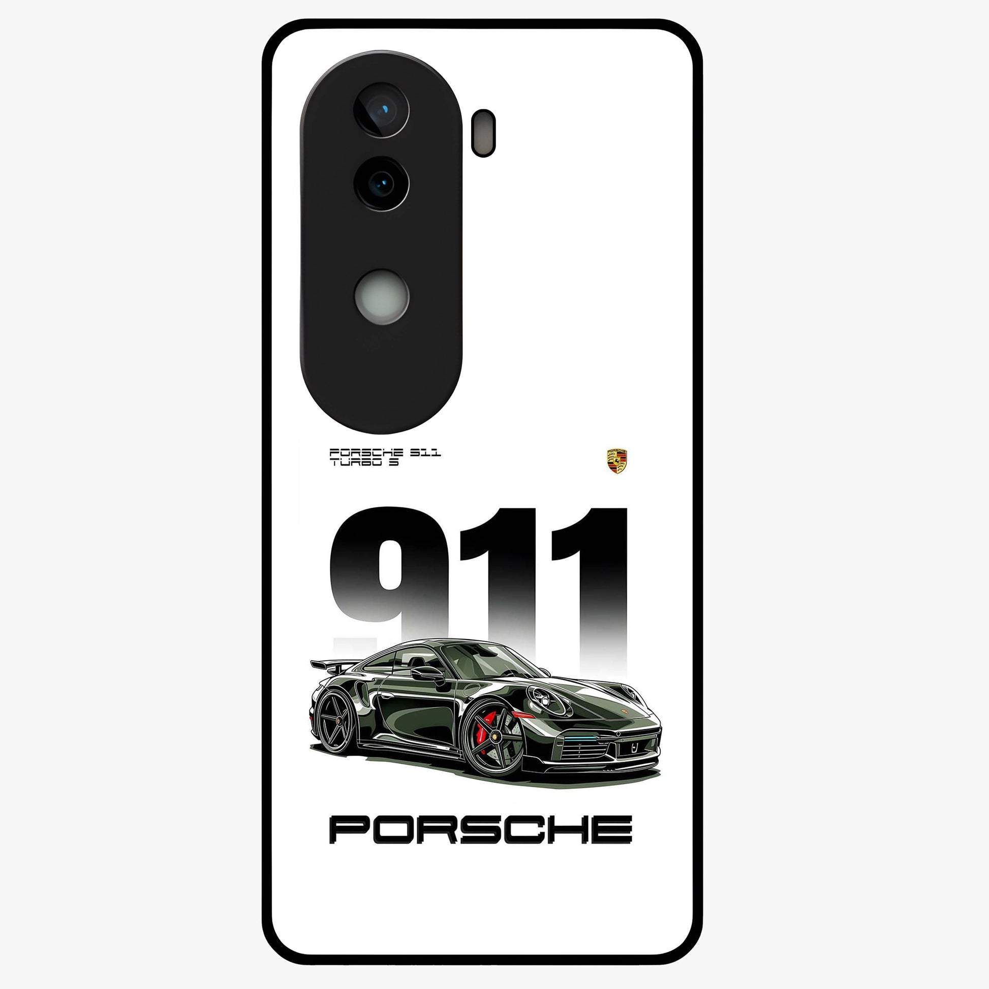 911 Turbo Dominance Glass Case showing clean flat back view with bold 911 sports car artwork and glossy glass finish.