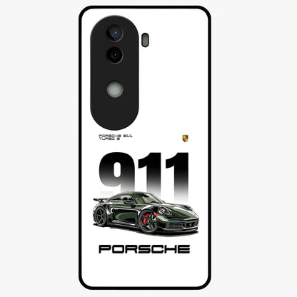 911 Turbo Dominance Glass Case showing clean flat back view with bold 911 sports car artwork and glossy glass finish.