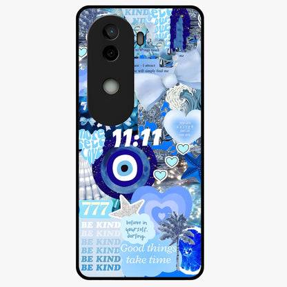 Aesthetic Be Kind Eye Glass Case showing flat back view with motivational eye artwork and glossy glass finish.