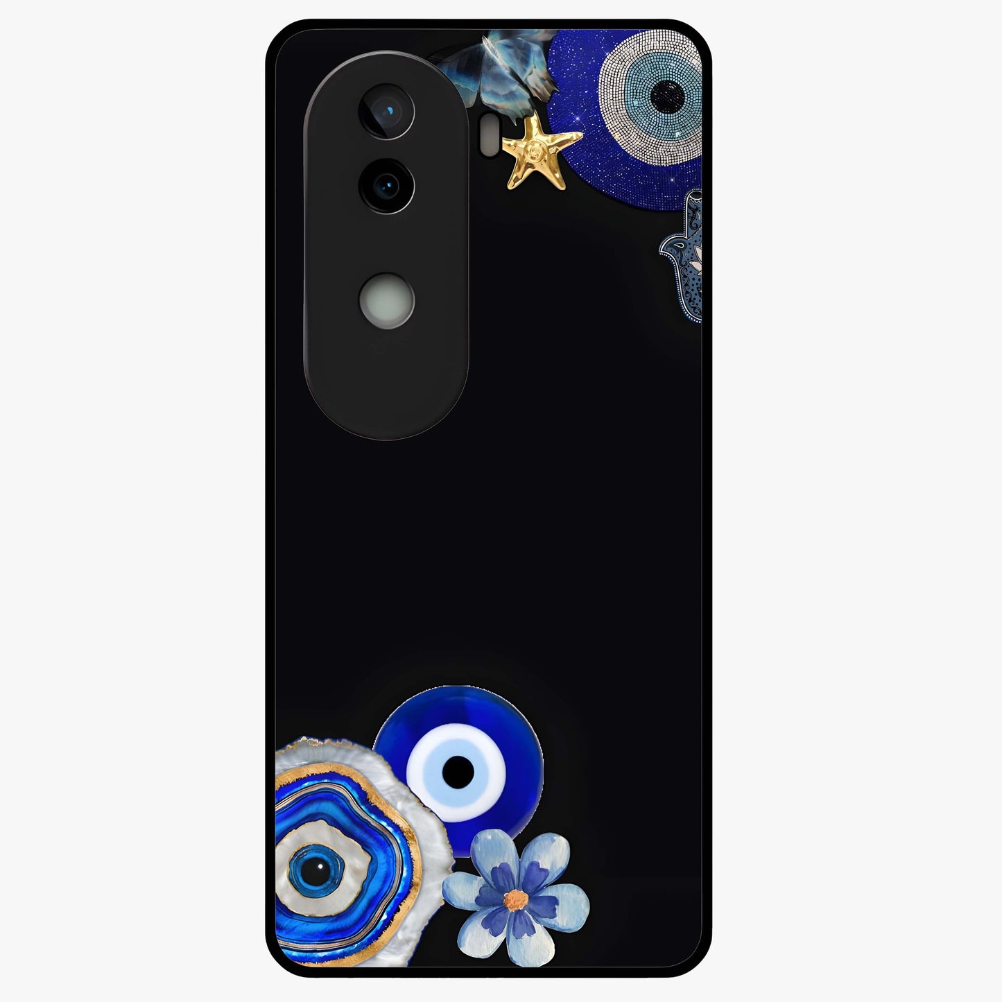 Aesthetic Blue Evil Eye Glass Case showing flat back view with protective evil eye artwork and glossy glass finish.