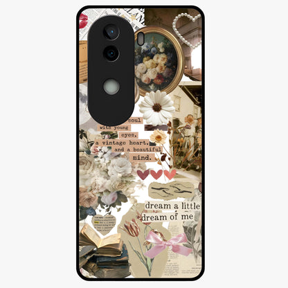 Aesthetic Brown Vintage Collage Glass Case showing flat back view with retro collage artwork and glossy glass finish.