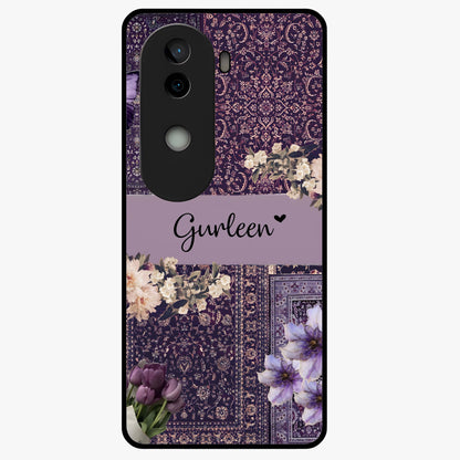Antique Floral Whisper Custom Name Glass Case showing flat back view with vintage floral artwork and personalized name design.