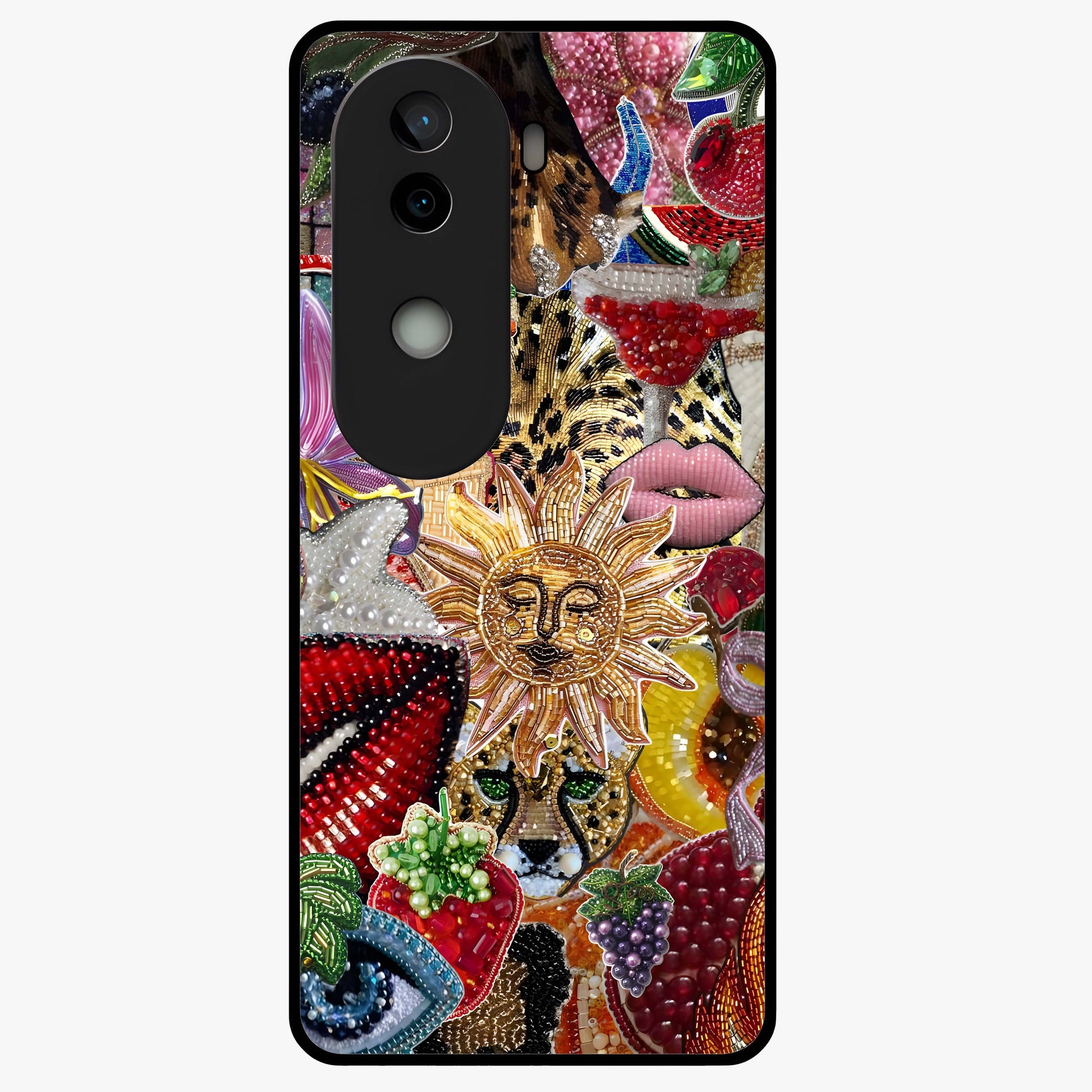 Beaded Fashion Jungle Glass Case showing flat back view with vibrant jungle inspired bead artwork and glossy glass finish.