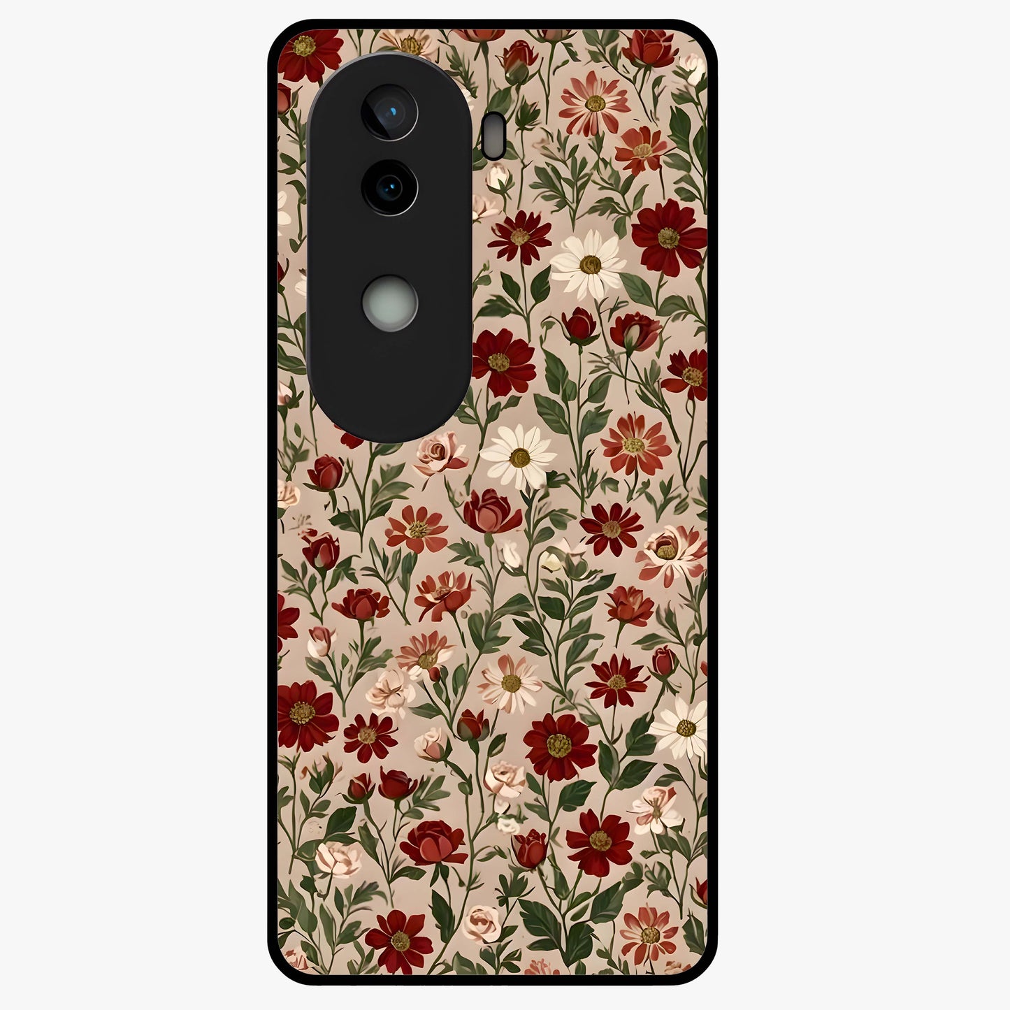Biege Flower With Leaf Glass Case showing flat back view with soft beige floral artwork and glossy glass finish.