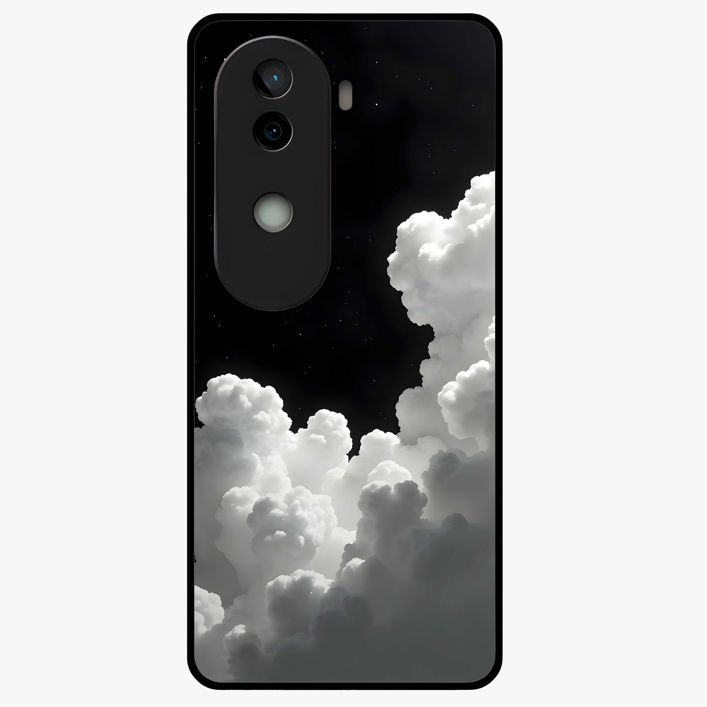 Black Background With White Cloud Glass Case showing flat back view with minimal cloud artwork on dark background and glossy glass finish.