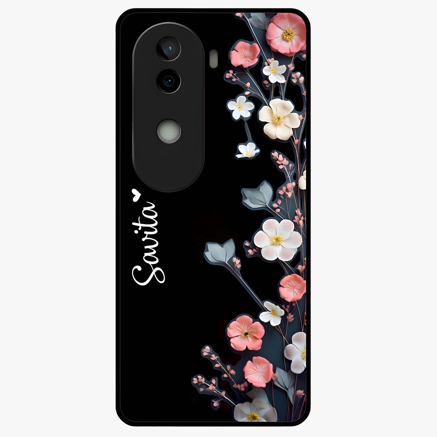 Black Elegance Floral Custom Name Glass Case showing flat back view with elegant floral artwork and personalized name design.
