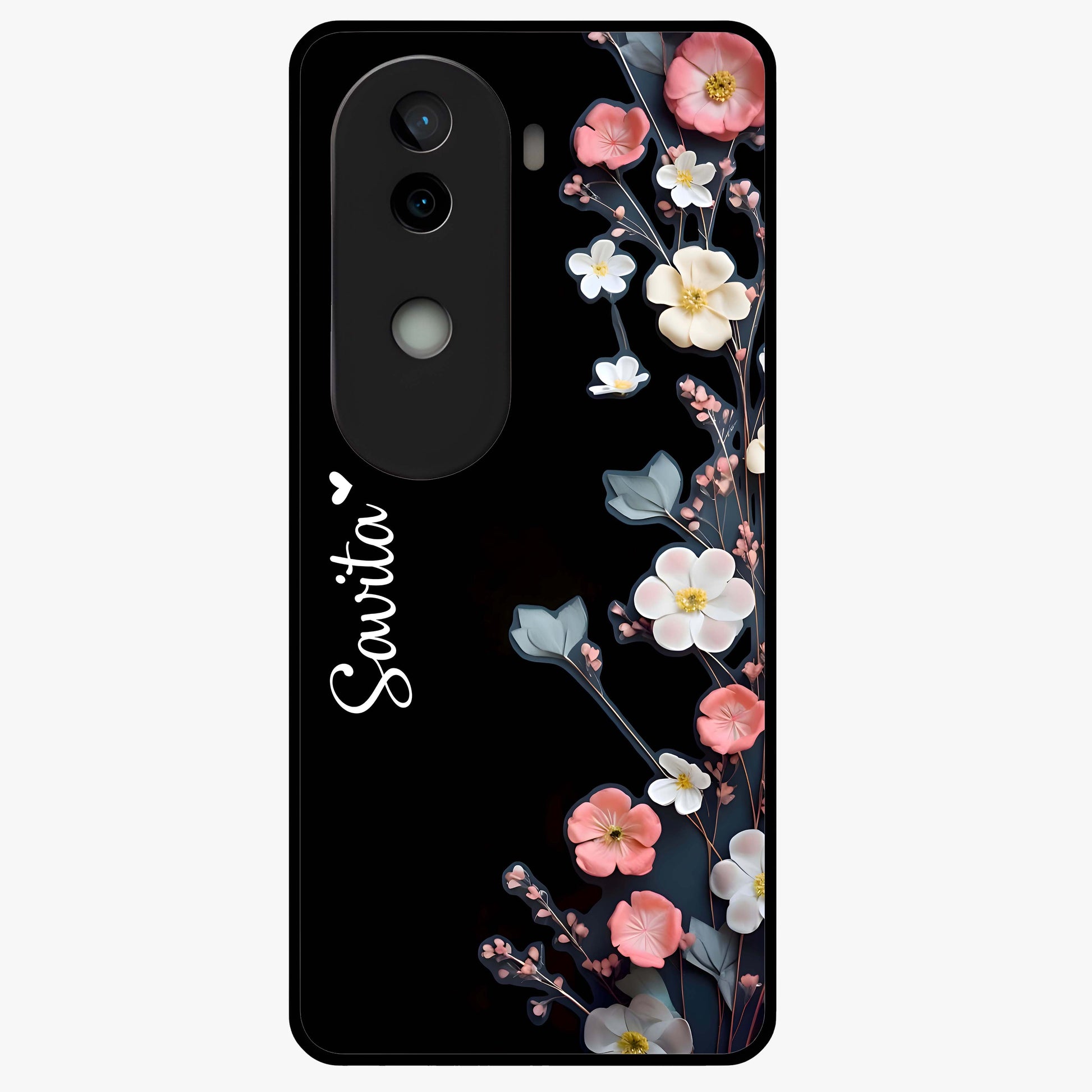 Black Elegance Floral Custom Name Glass Case showing flat back view with elegant floral artwork and personalized name design.