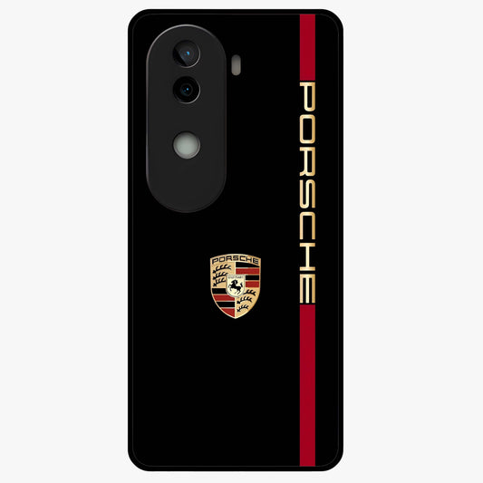 Black Minimal Porsche Glass Case showing flat back view with sleek minimal sports car artwork and glossy glass finish.