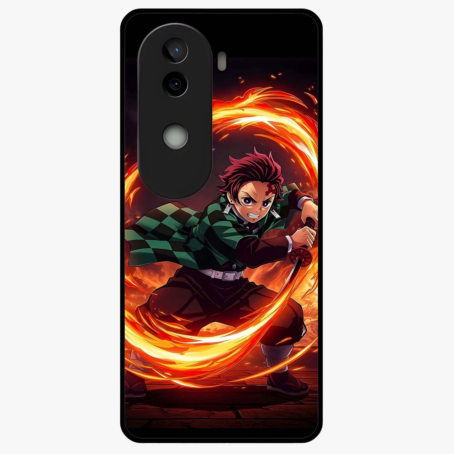 Blazing Sword Resolve Glass Case showing flat back view with fiery sword artwork and glossy glass finish.