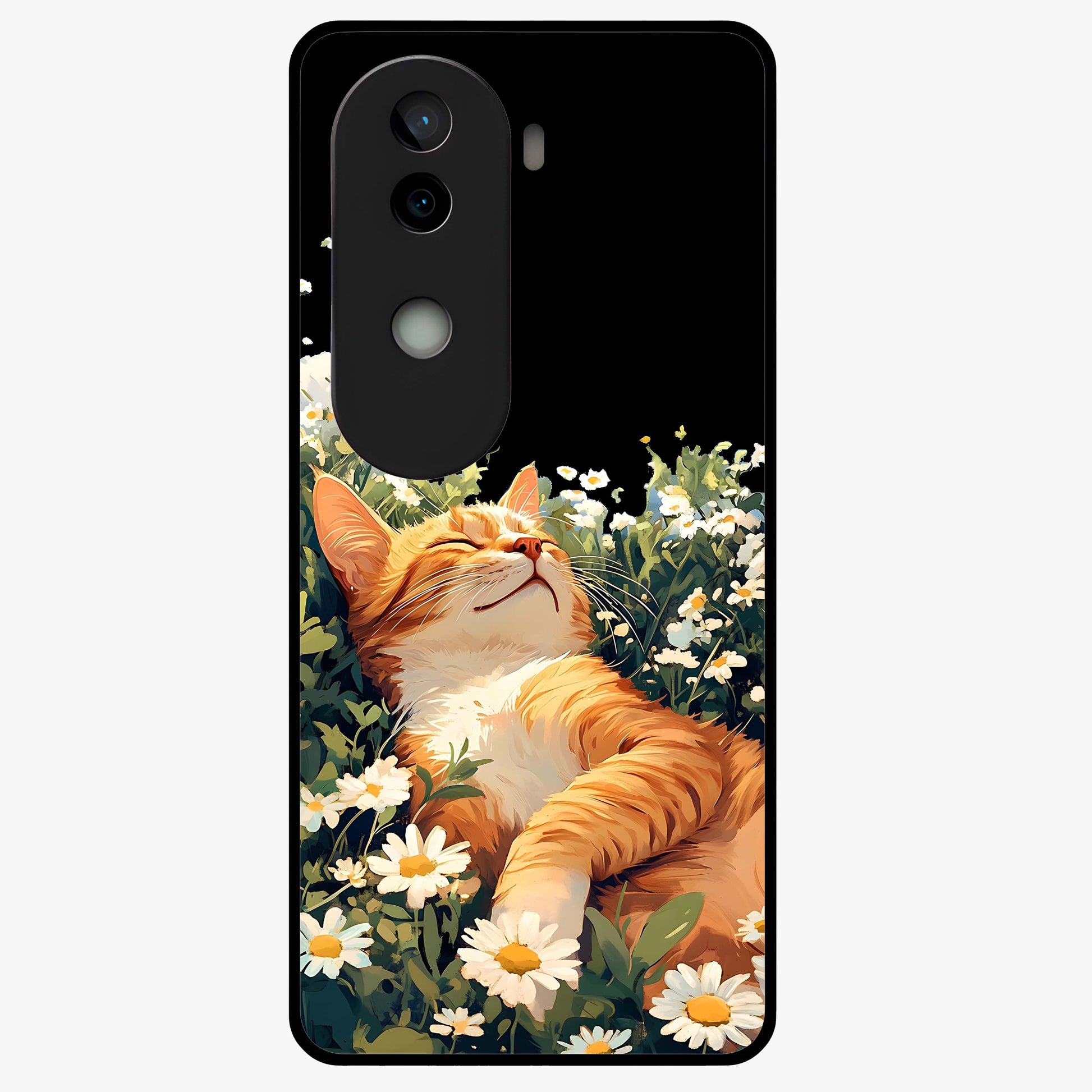 Blissful Bloom Cat Glass Case showing flat back view with cute cat and floral bloom artwork and glossy glass finish.