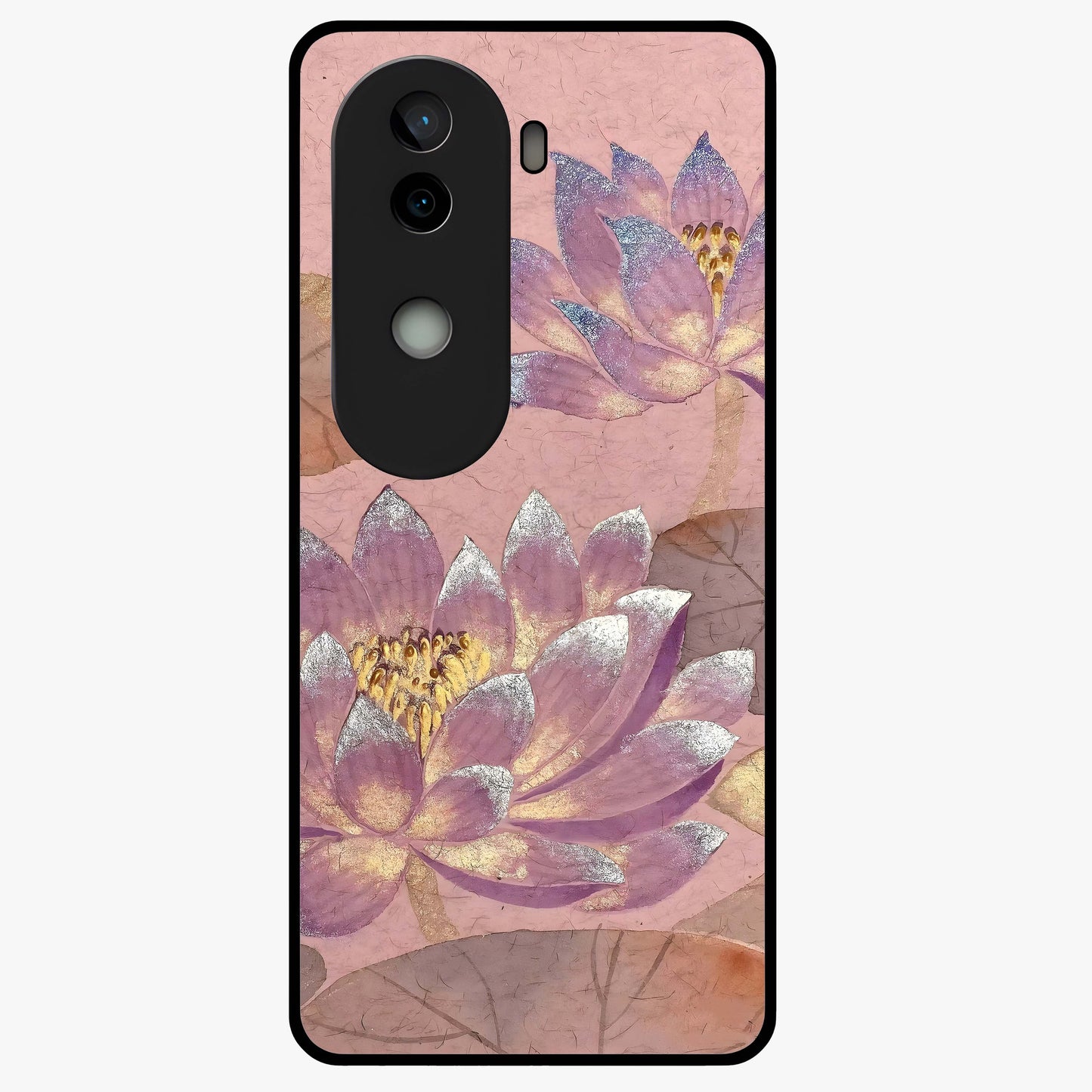 Blossom Mist Lotus Glass Case showing flat back view with serene lotus blossom artwork and glossy glass finish.