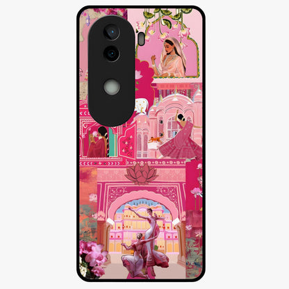 Blossoms of Rajasthan Glass Case showing flat back view with traditional floral artwork inspired by Rajasthan and glossy glass finish.