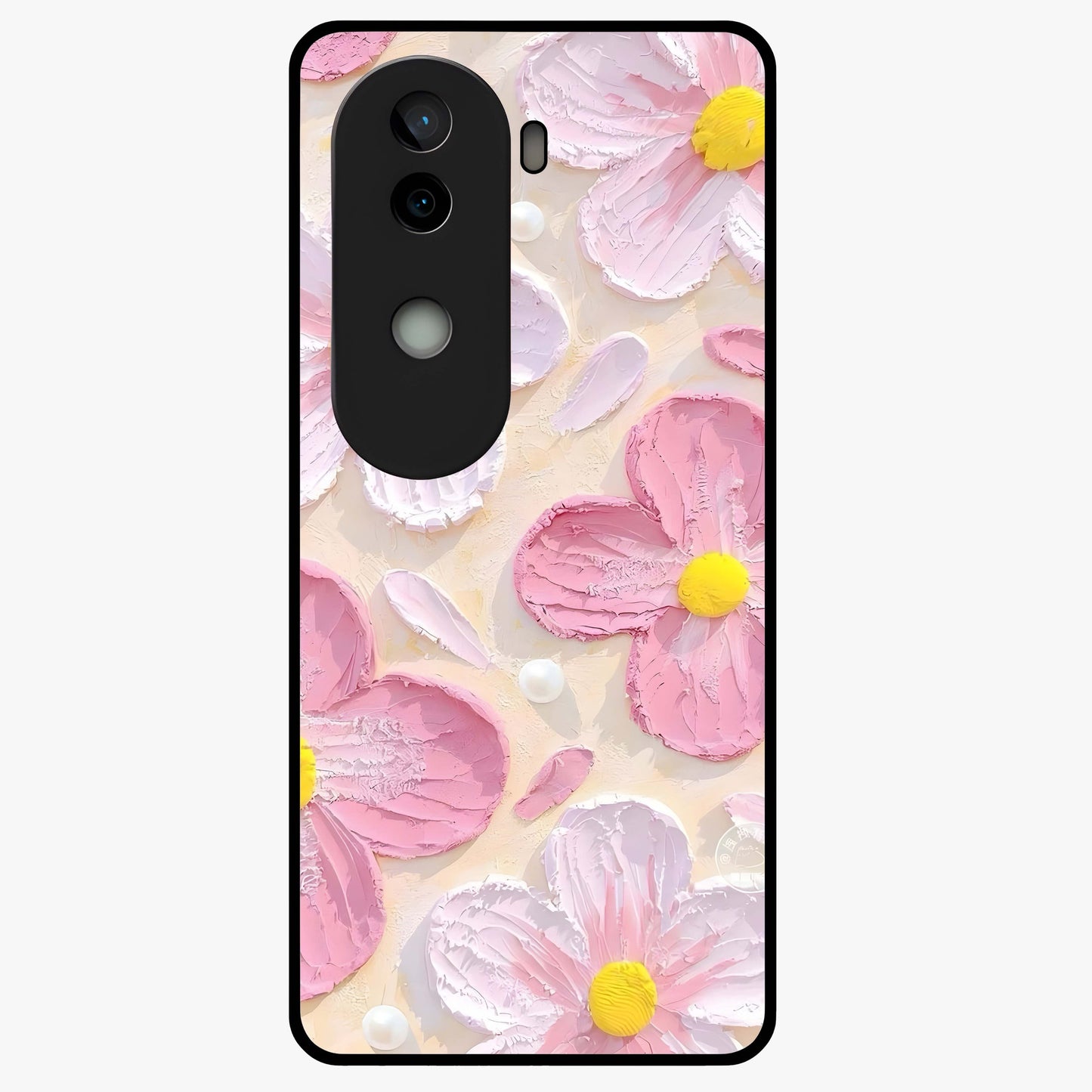 Blush Bloom Texture Glass Case showing flat back view with soft blush floral texture artwork and glossy glass finish.