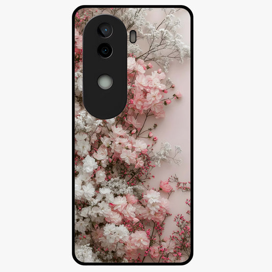 Blush Blossom Cloud Glass Case showing flat back view with dreamy blush cloud blossom artwork and glossy glass finish.
