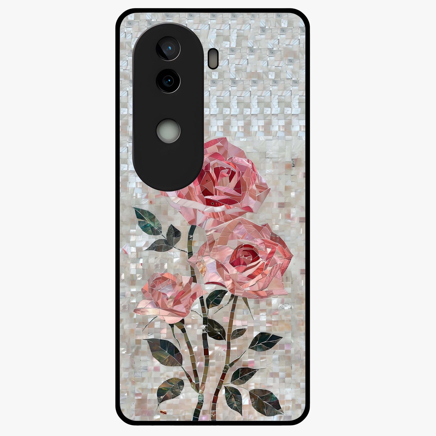 Blush Mosaic Bloom Glass Case showing flat back view with mosaic floral bloom artwork and glossy glass finish.