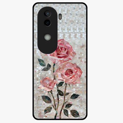 Blush Mosaic Bloom Glass Case showing flat back view with mosaic floral bloom artwork and glossy glass finish.