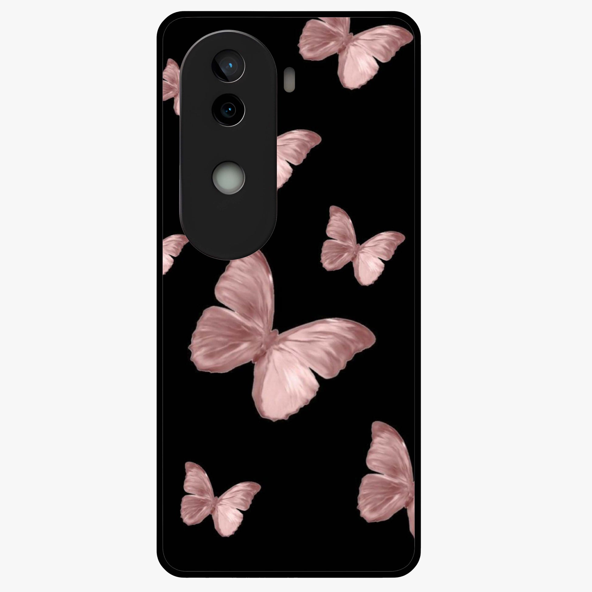 Butterfly Pattern Glass Case showing flat back view with elegant butterfly pattern artwork and glossy glass finish.