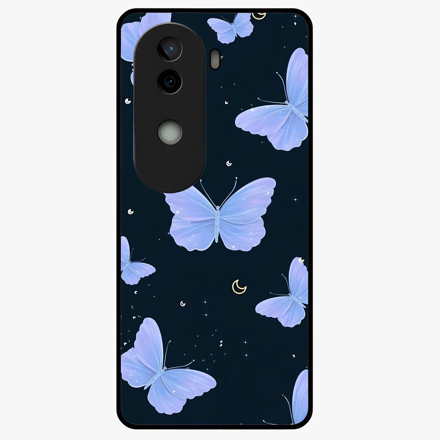 Butterfly With Stars Pattern Glass Case showing flat back view with butterfly and star pattern artwork and glossy glass finish.