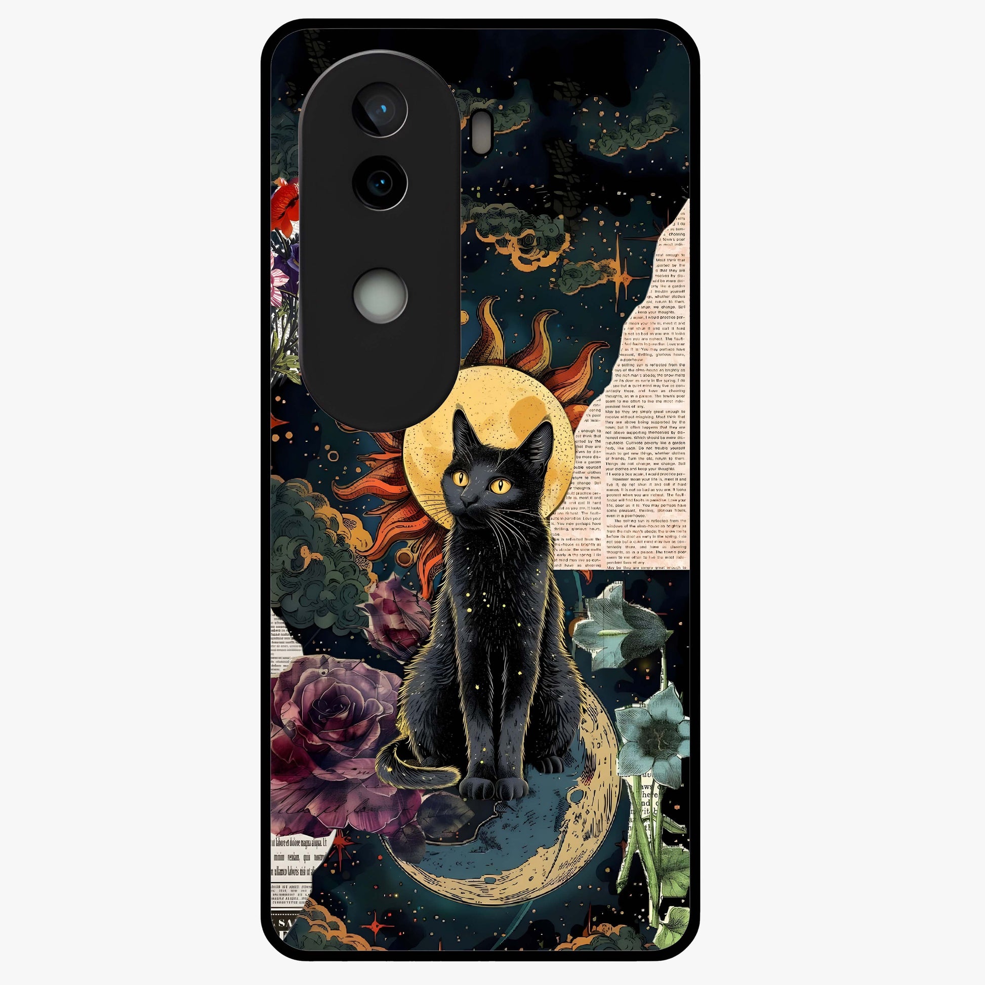 Celestial Black Cat Glass Case showing flat back view with mystical black cat artwork and glossy glass finish.