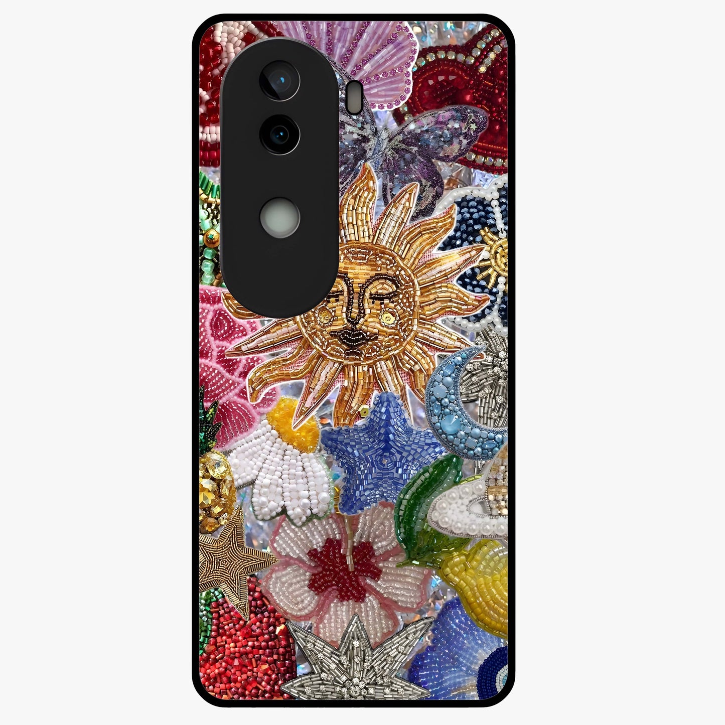 Celestial Floral and Playful Glass Case showing flat back view with floral and celestial themed artwork and glossy glass finish.