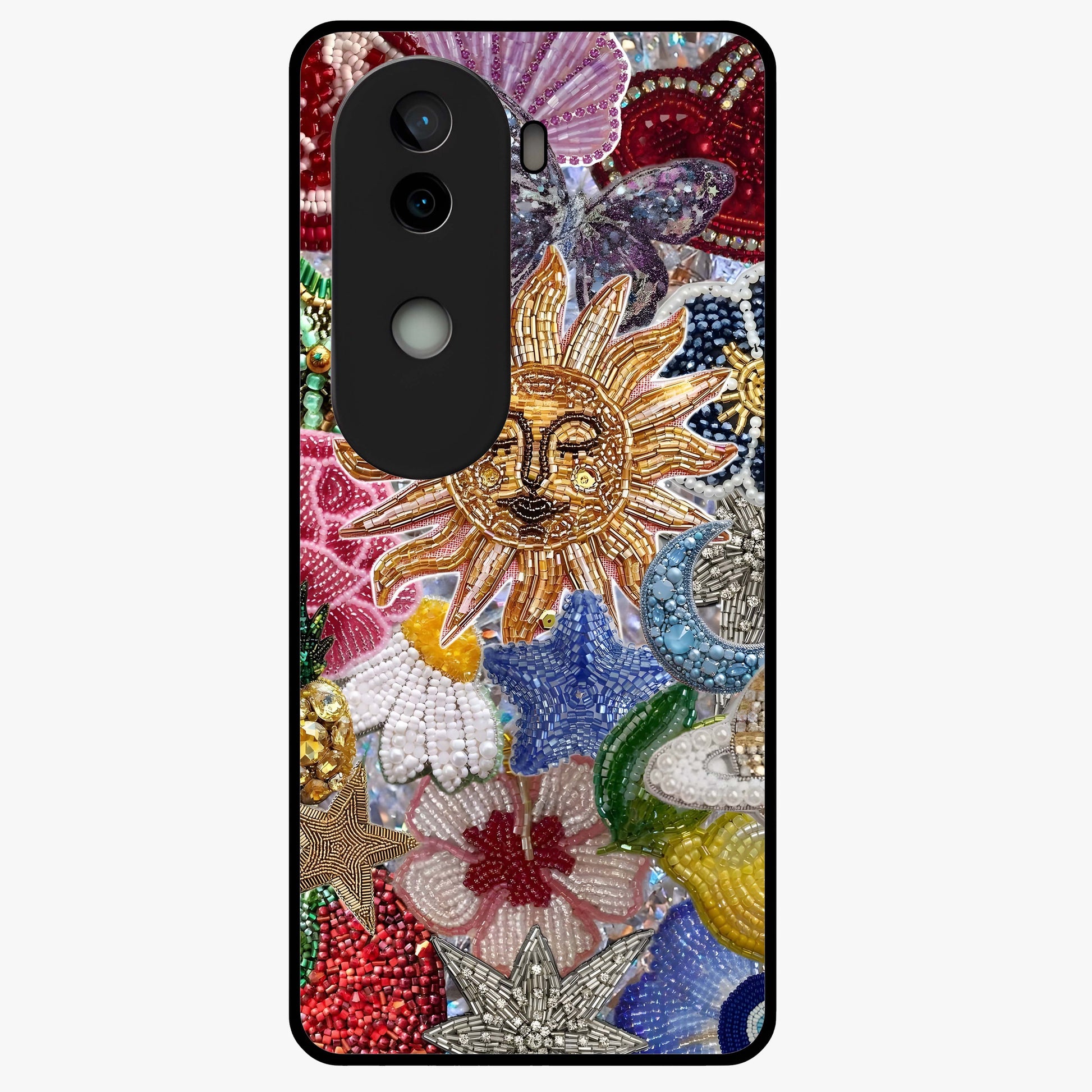 Celestial Floral and Playful Glass Case showing flat back view with floral and celestial themed artwork and glossy glass finish.