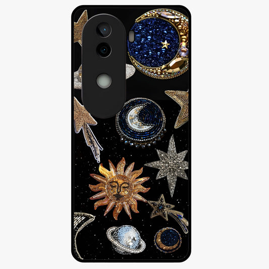 Celestial Gem Constellations Glass Case showing flat back view with sparkling constellation artwork and glossy glass finish.