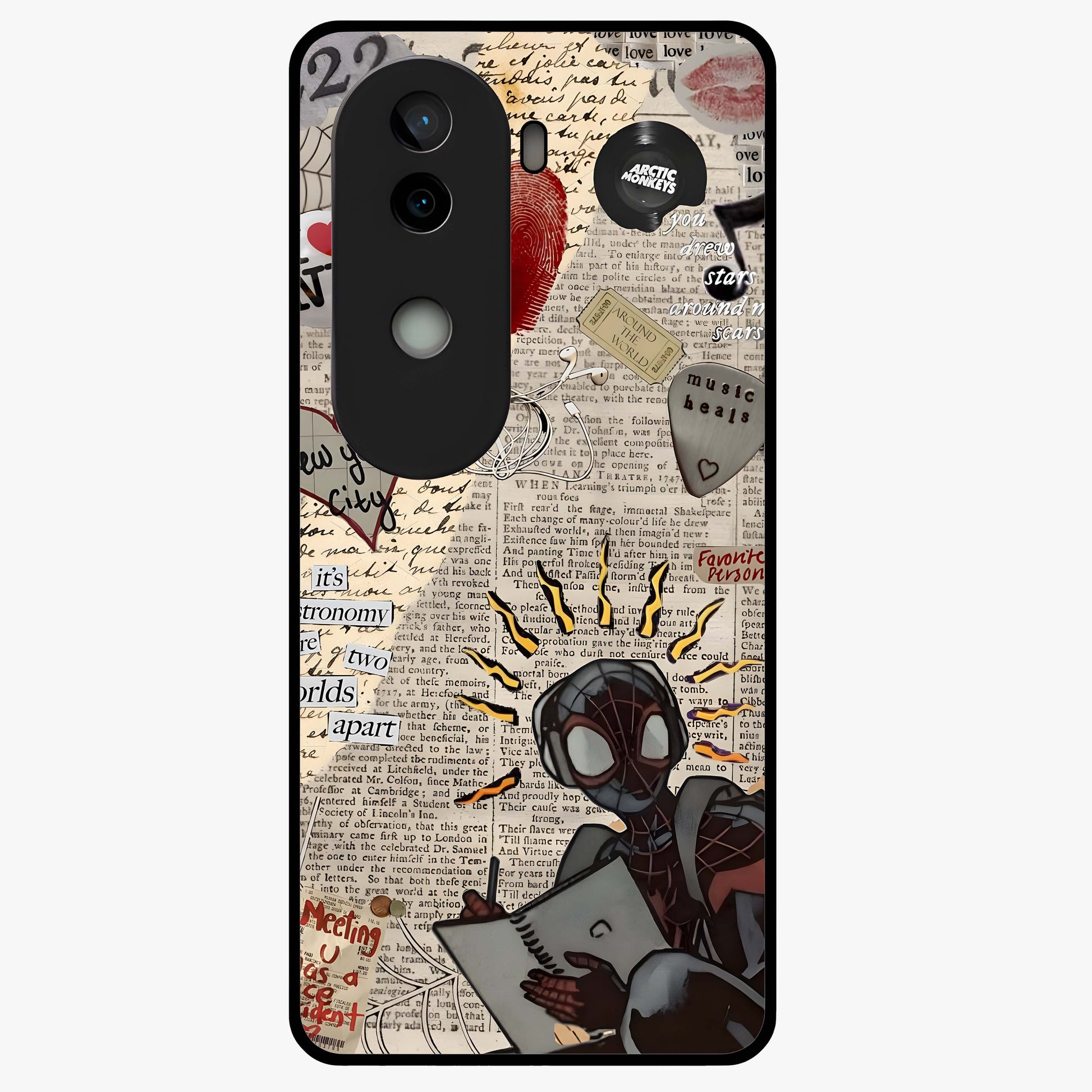 City Dream Sketch Glass Case showing flat back view with artistic city skyline sketch artwork and glossy glass finish.