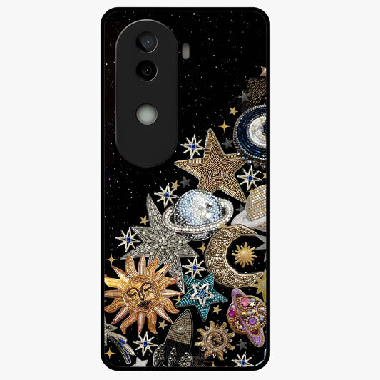 Cosmic Sparkle Dreams Glass Case showing flat back view with sparkling cosmic artwork and glossy glass finish.
