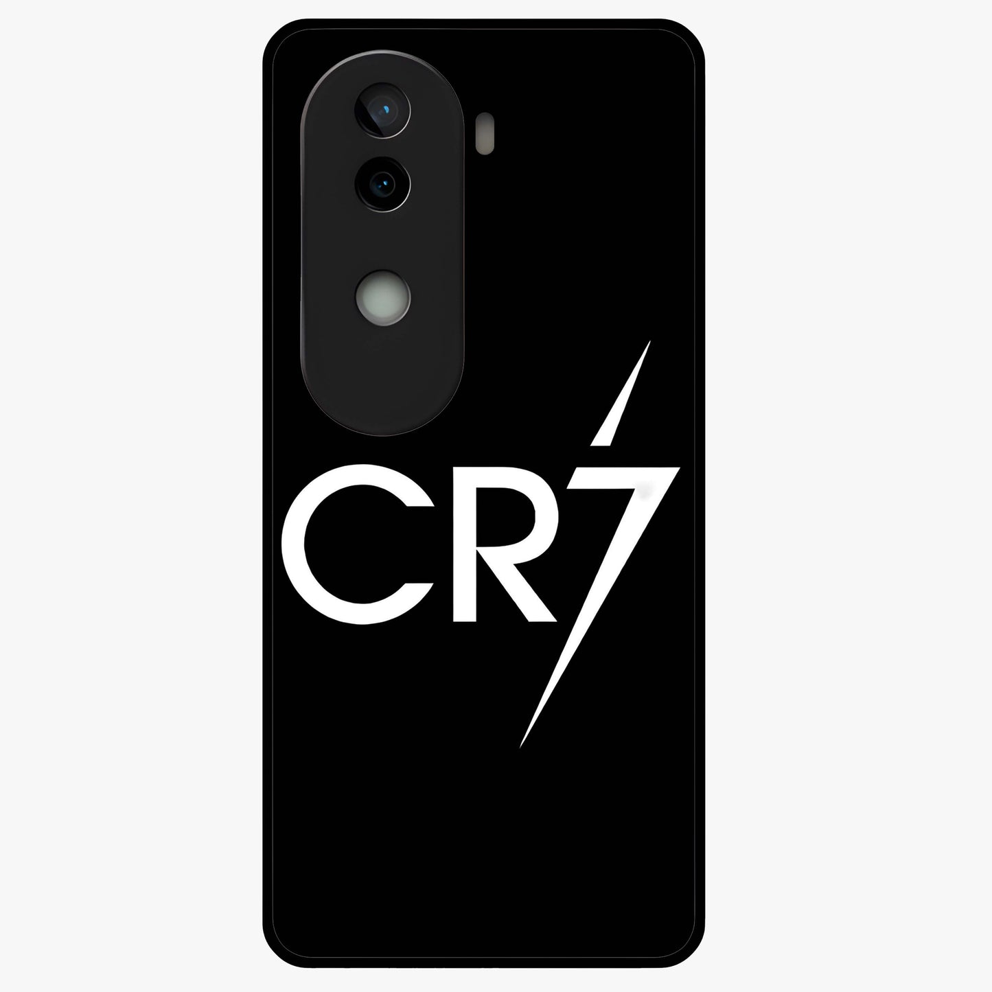 Cr7 Elite Strike Glass Case showing flat back view with dynamic football inspired artwork and glossy glass finish.