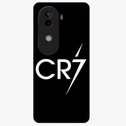Cr7 Elite Strike Glass Case showing flat back view with dynamic football inspired artwork and glossy glass finish.