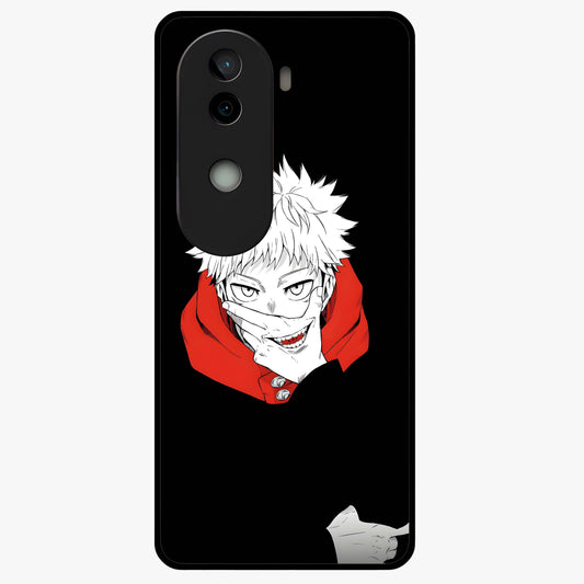 Crimson Chaos Smile Glass Case showing flat back view with bold chaotic smile artwork and glossy glass finish.