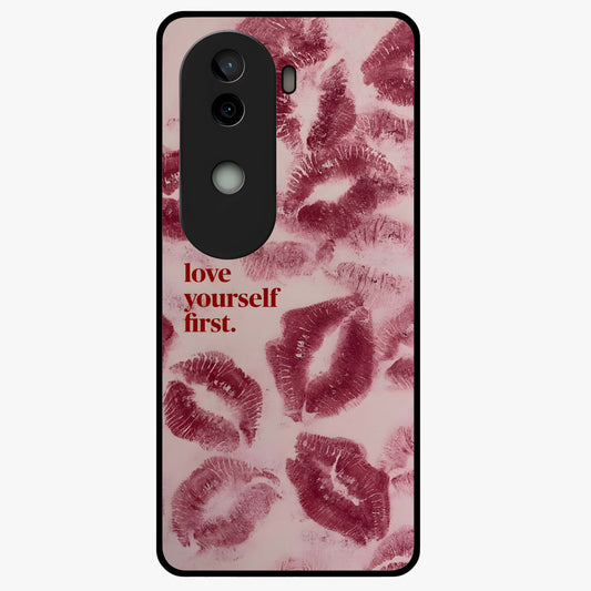 Crimson Kiss Love Glass Case showing flat back view with romantic crimson themed artwork and glossy glass finish.