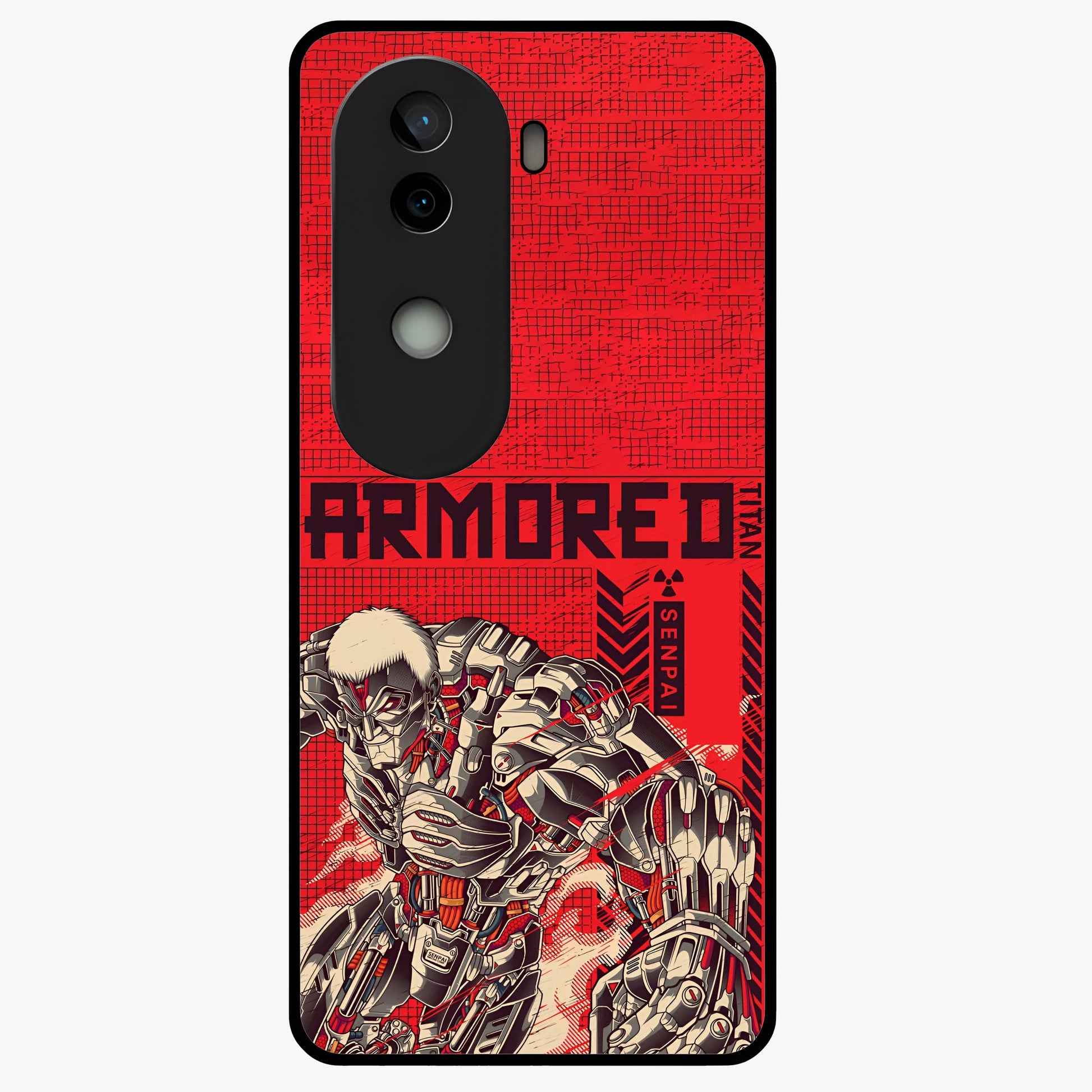 Crimson Mecha Titan Glass Case showing flat back view with powerful mech titan artwork and glossy glass finish.
