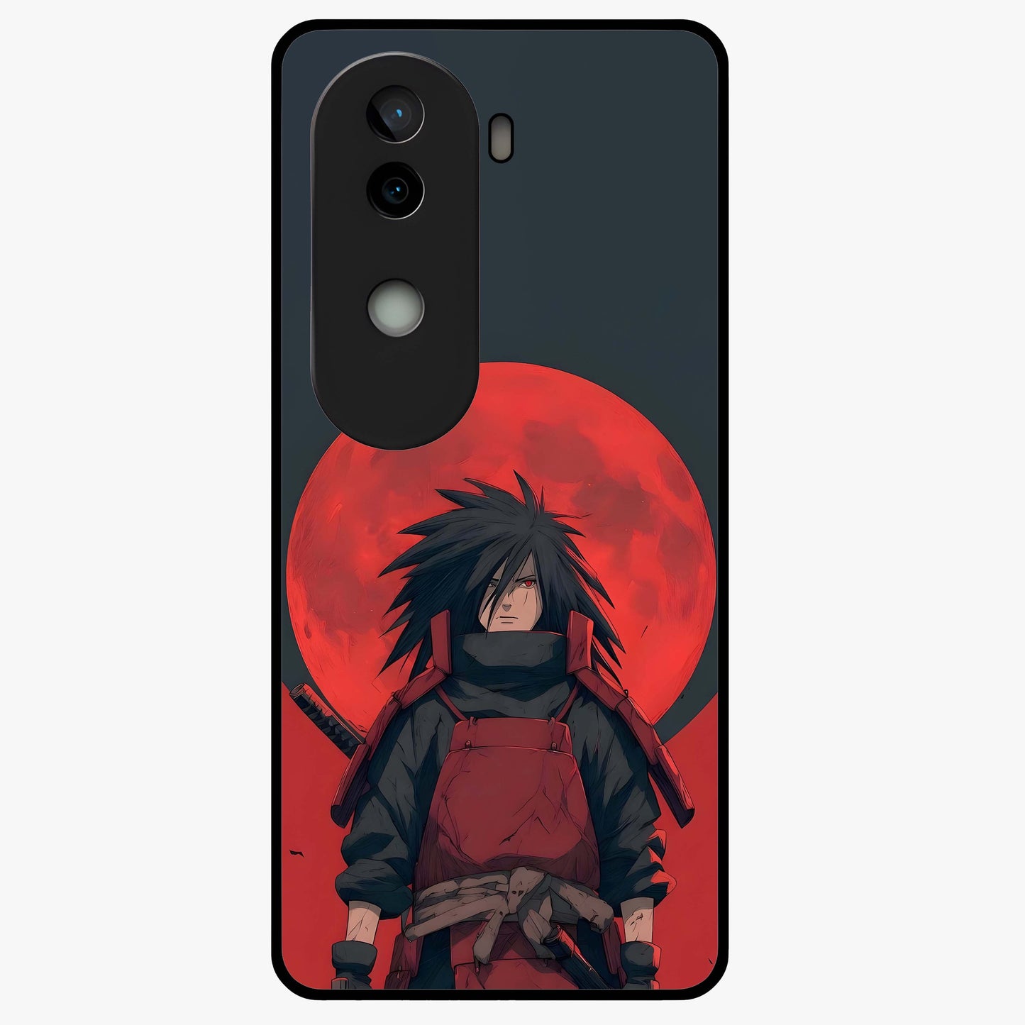 Crimson Moon Warlord Glass Case showing flat back view with mystical moon warrior artwork and glossy glass finish.