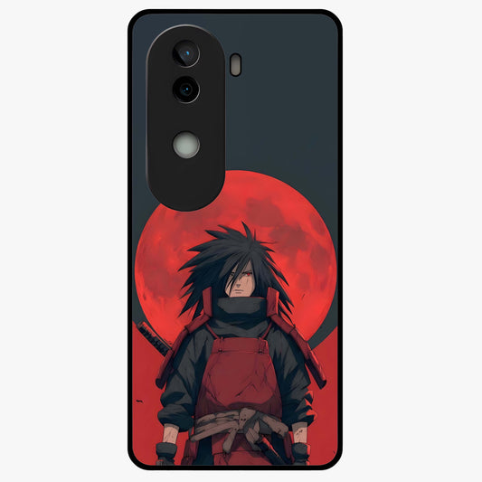 Crimson Moon Warlord Glass Case showing flat back view with mystical moon warrior artwork and glossy glass finish.