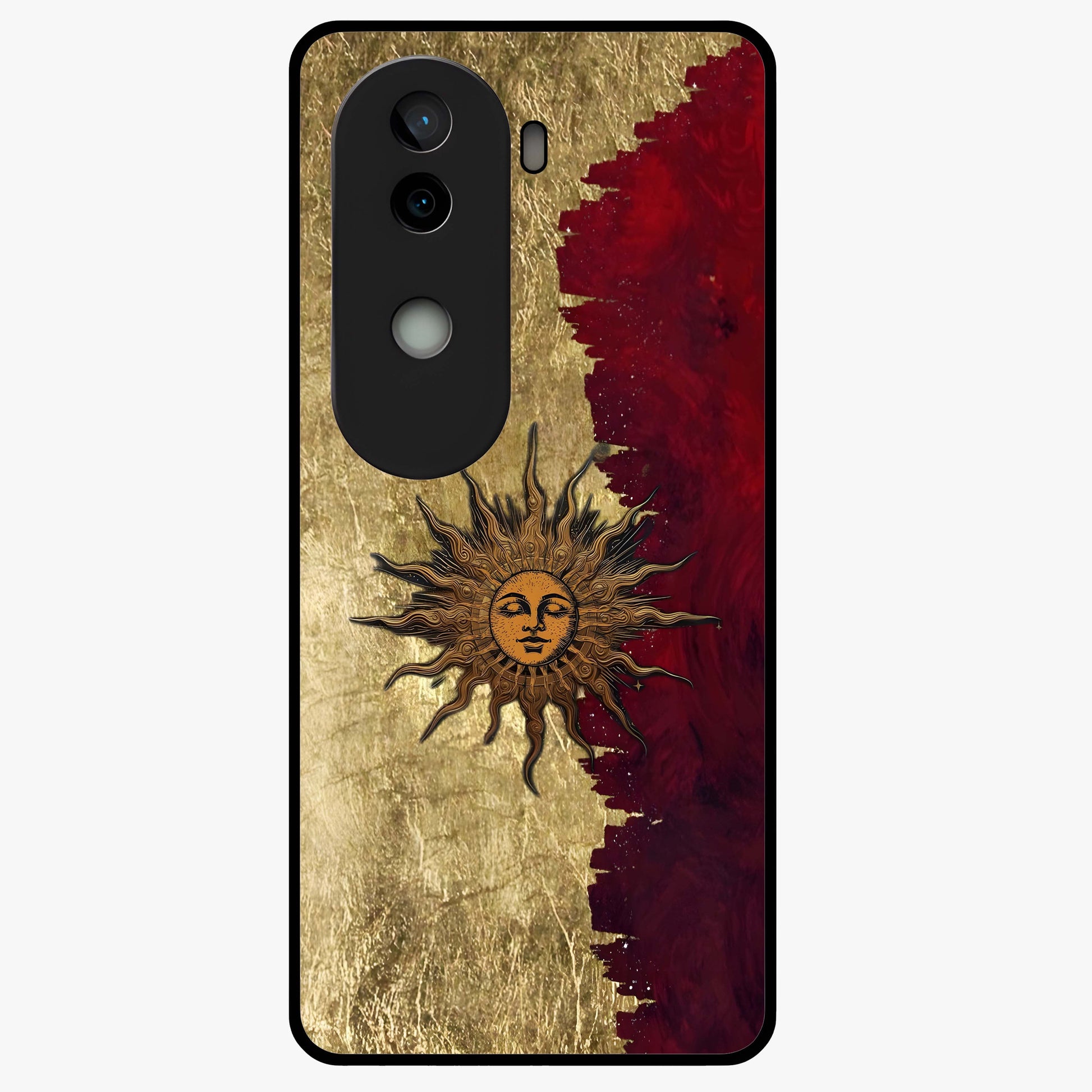 Crimson Sun Majesty Glass Case showing flat back view with radiant sun inspired artwork and glossy glass finish.