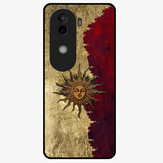 Crimson Sun Majesty Glass Case showing flat back view with radiant sun inspired artwork and glossy glass finish.