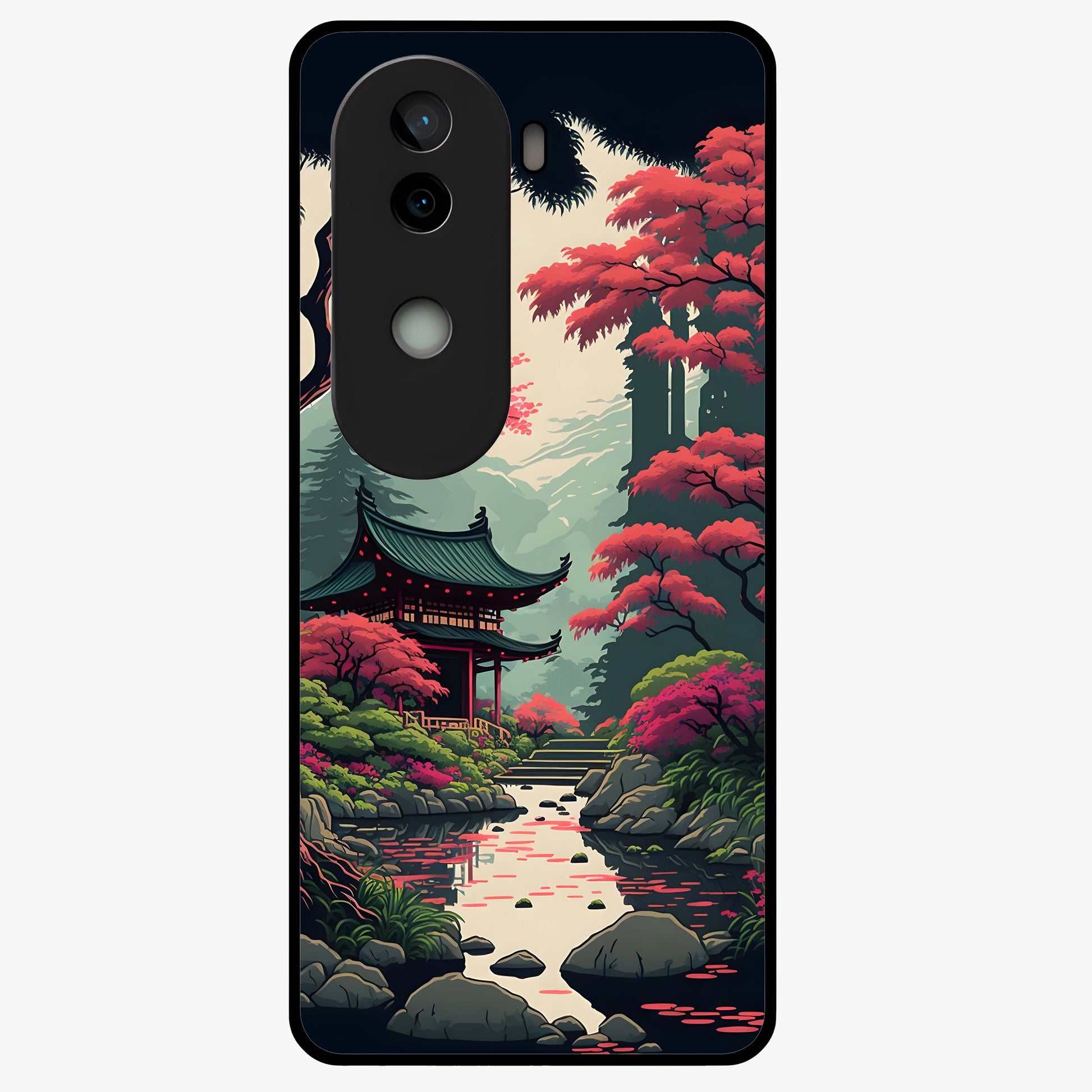 Crimson Temple View Glass Case showing flat back view with temple inspired artwork and glossy glass finish.