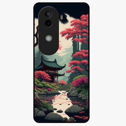 Crimson Temple View Glass Case showing flat back view with temple inspired artwork and glossy glass finish.