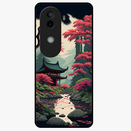 Crimson Temple View Glass Case showing flat back view with temple inspired artwork and glossy glass finish.