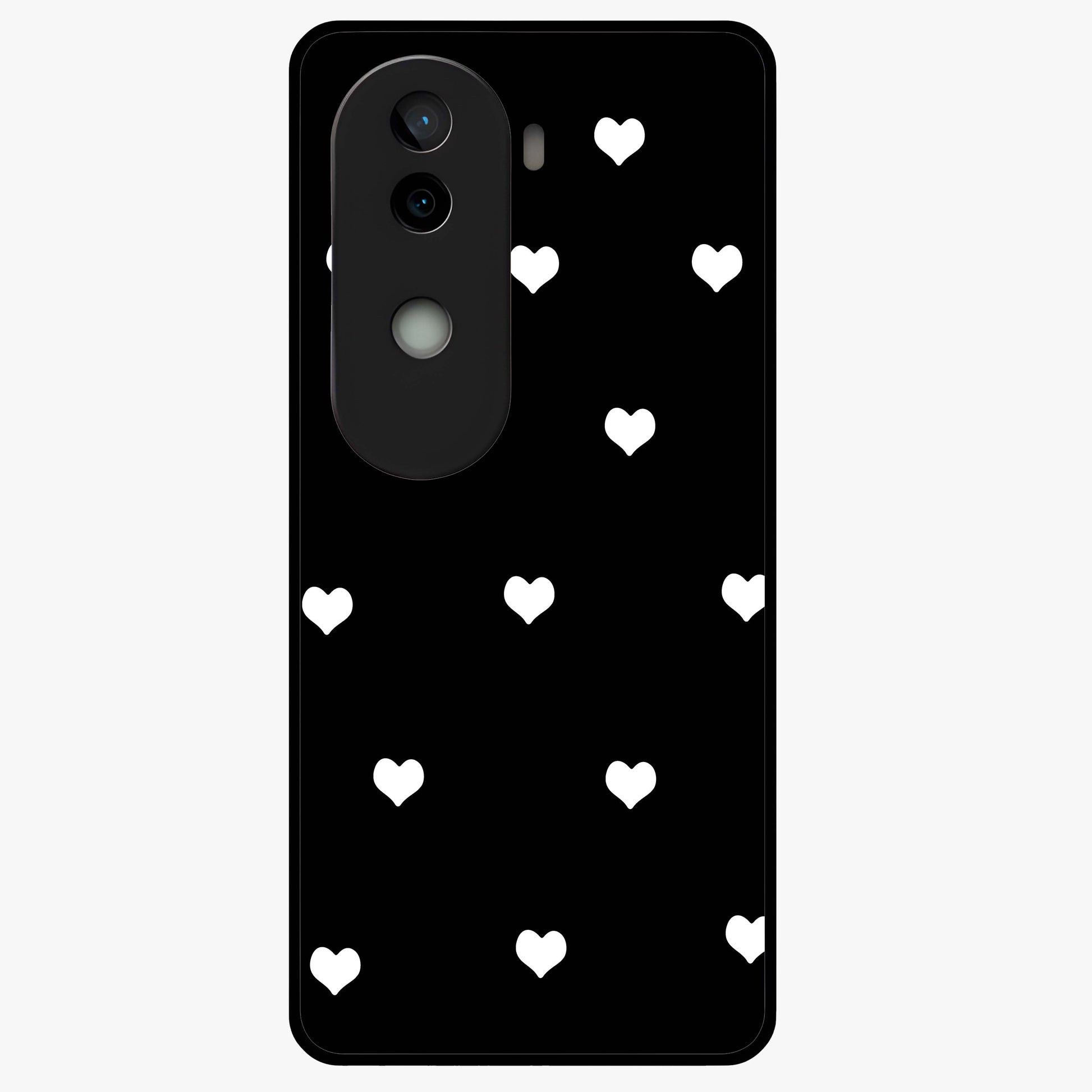 Cute And Simple White Hearts Glass Case showing flat back view with minimal white heart pattern and glossy glass finish.