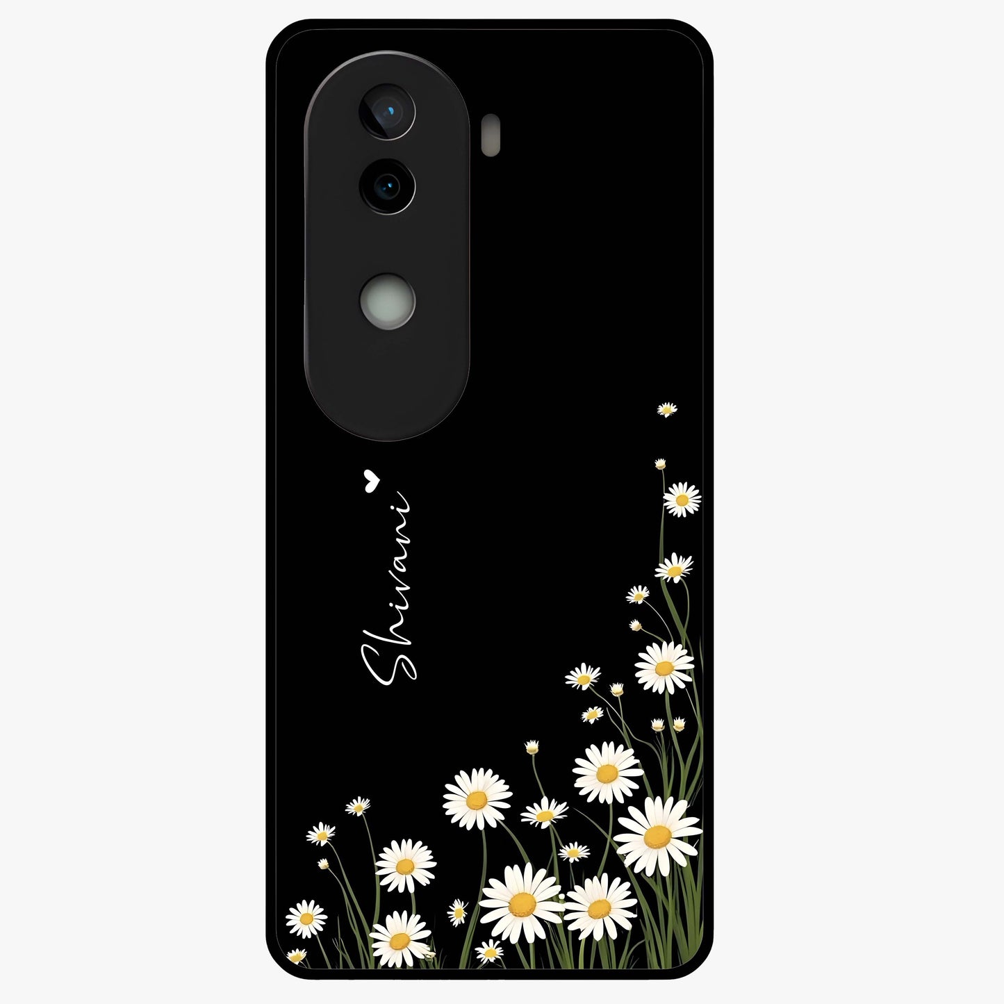 Daisy Cascade Custom Name Glass Case showing flat back view with cascading daisy flowers and personalized name design.