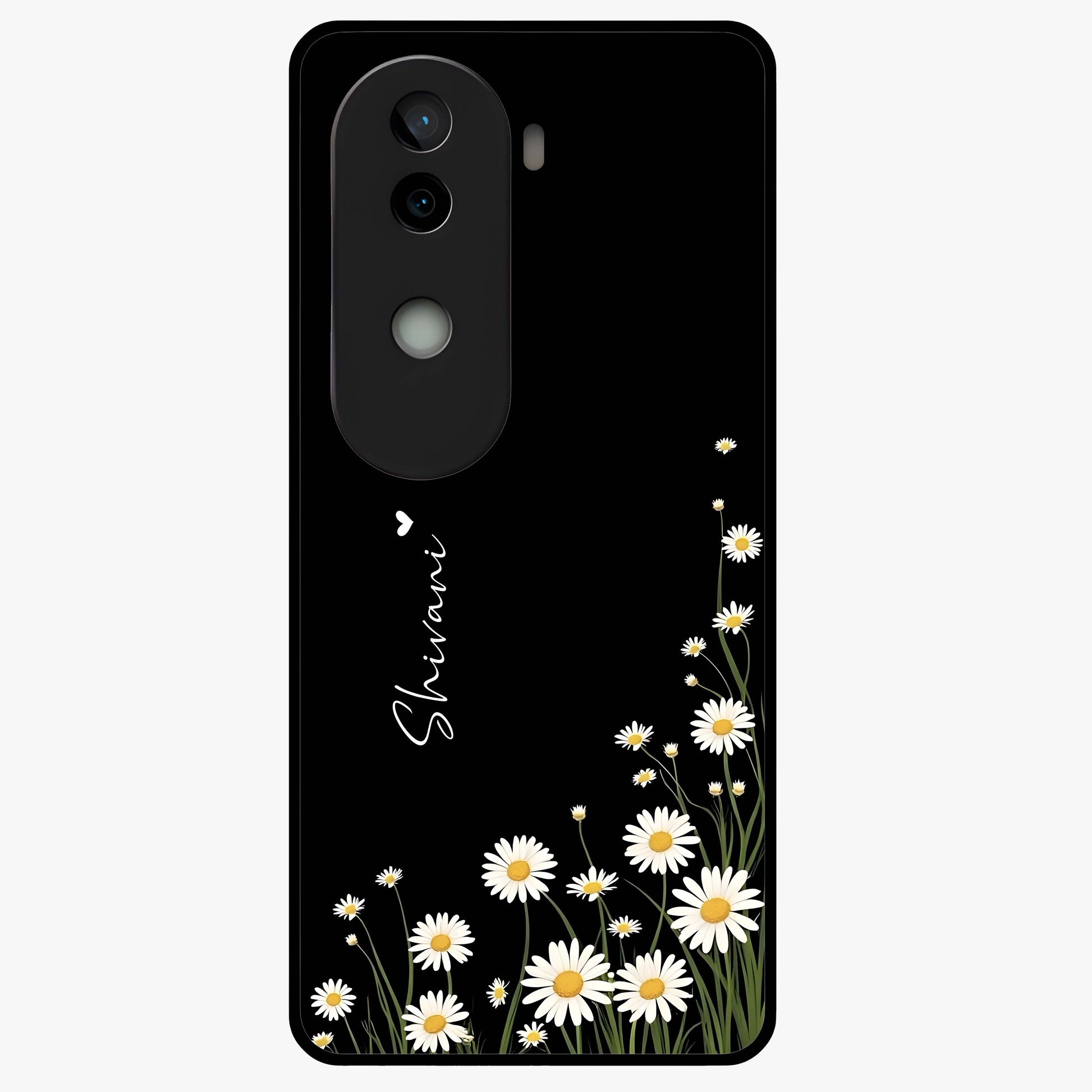 Daisy Cascade Custom Name Glass Case showing flat back view with cascading daisy flowers and personalized name design.